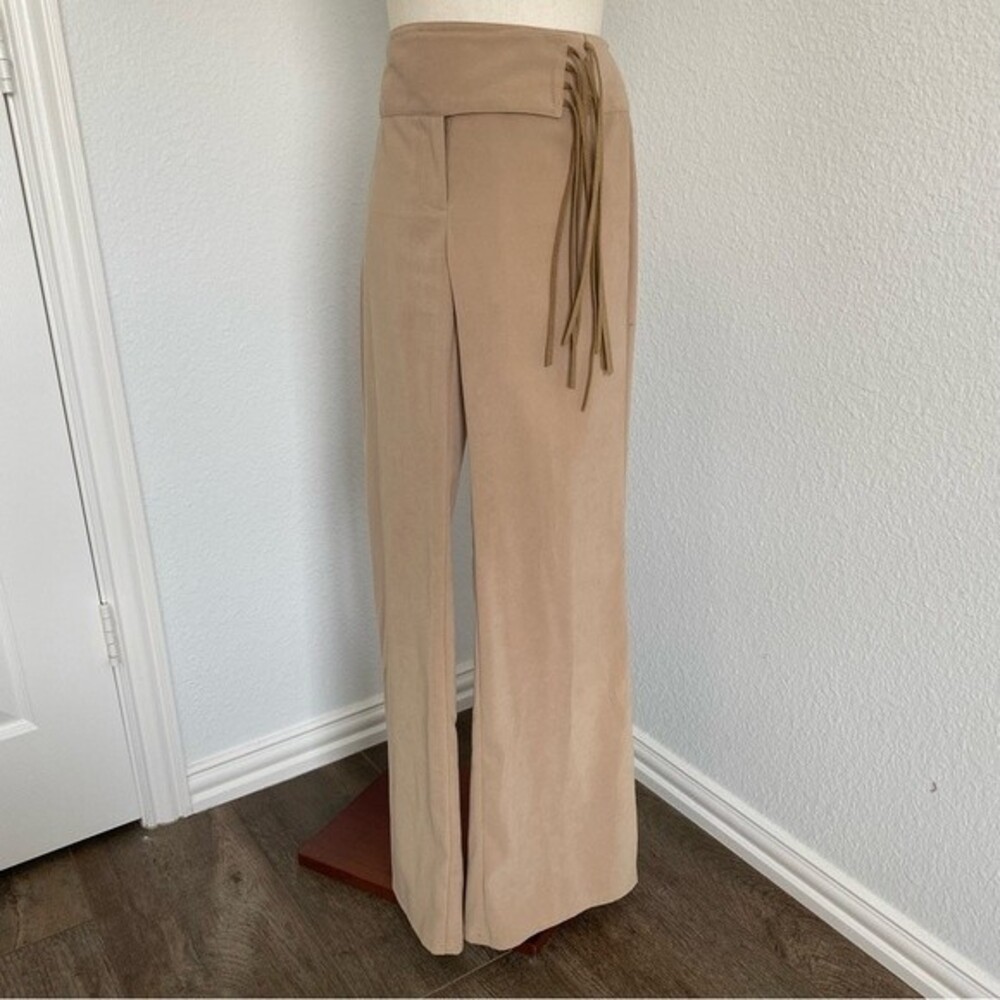 NWOT.  VINTAGE BLUE Leather Look Fringe Flared Leg Tan Hippy Western Pants SZ 5